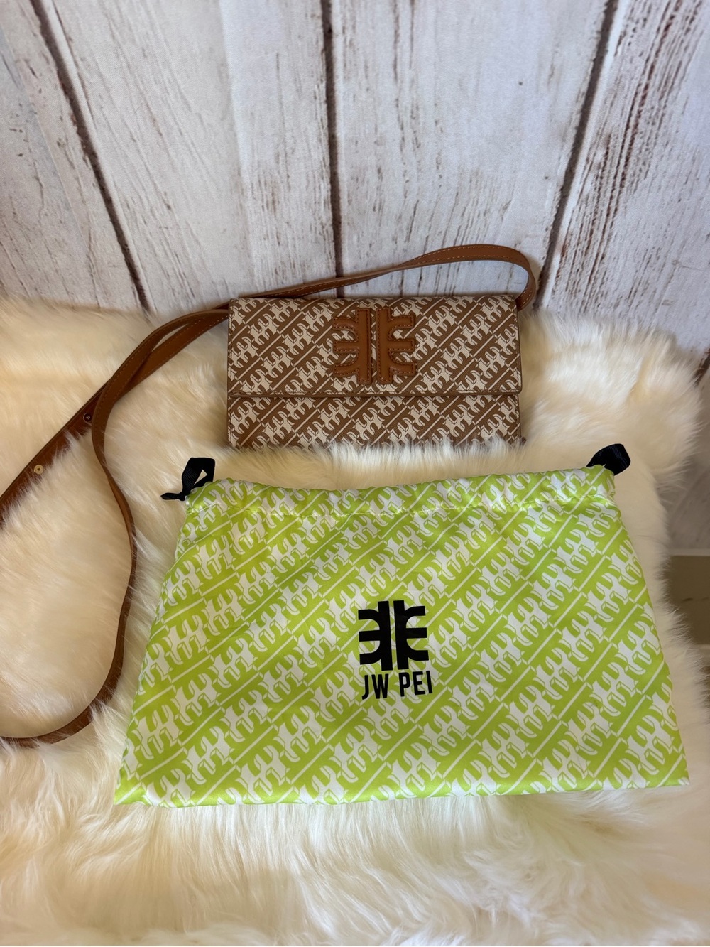 JW PEI Maze Jacquard Crossbody Bag Brown Monogram Vegan Leather Wallet Bag